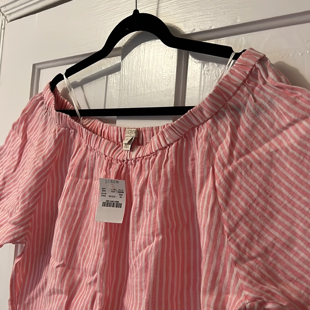 J.Crew Factory Pink & White Striped Linen Off the Shoulder Top - Picture 3 of 4
